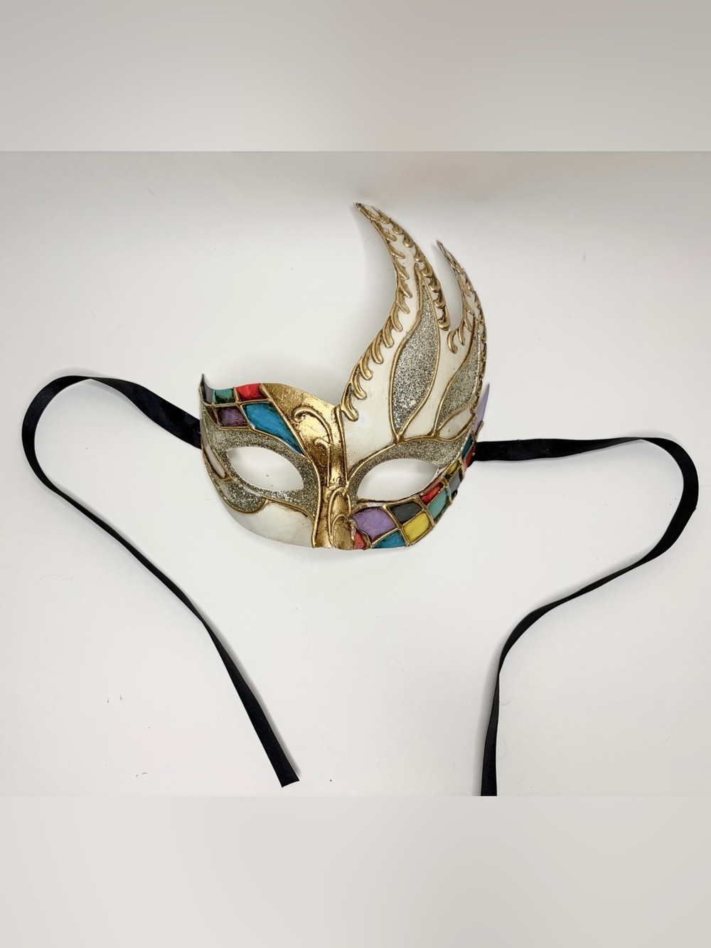 Pier 1 Venetian Masquerade Mask Hand Painted Italy Harlequin Flame Silver Gold
